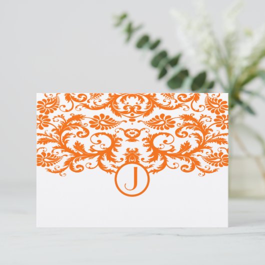 Orange Damask Monogram Wedding RSVP Cards (Stehend Vorderseite)