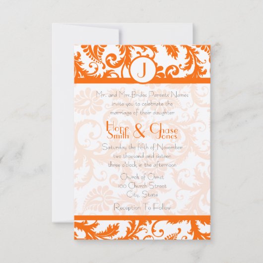 Orange Damask Monogram WeddingRSVP Einladung (Vorderseite)