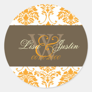 Orange Damask Monogramm Hochzeitsticker Runder Aufkleber