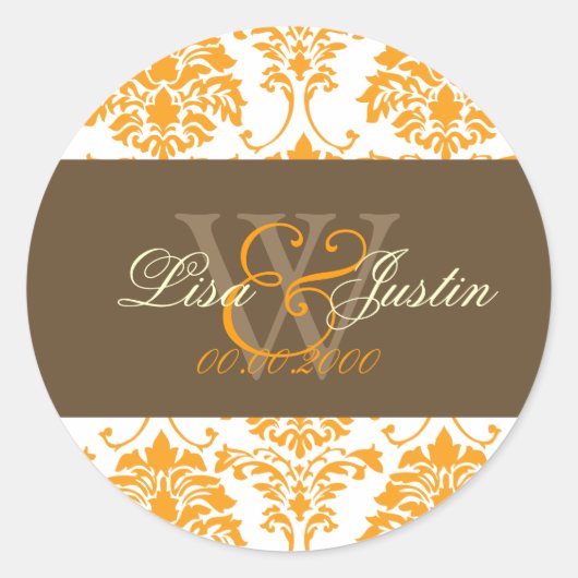 Orange Damask Monogramm Hochzeitsticker Runder Aufkleber (Vorderseite)