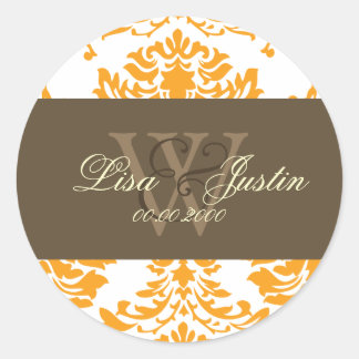 Orange Damask Monogramm Hochzeitsticker Runder Aufkleber