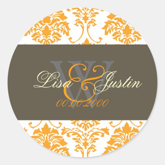 Orange Damask Monogramm Hochzeitsticker Runder Aufkleber (Vorderseite)