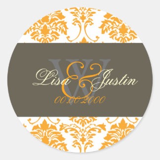 Orange Damask Monogramm Hochzeitsticker Runder Aufkleber