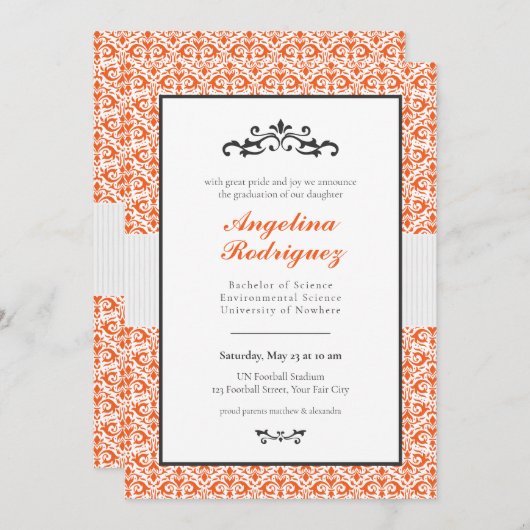 Orange Damask Muster Foto Abschluss Einladung (Vorne/Hinten)