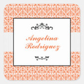 Orange Damask Pattern Abschluss Quadratischer Aufkleber (Vorderseite)
