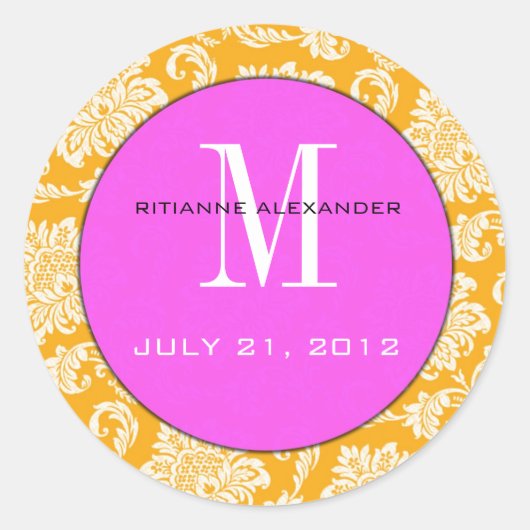 Orange Damask Pink Monogram Wedding Sticker (Vorderseite)