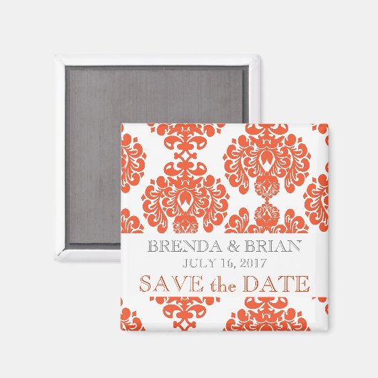 Orange Damask Wedding Save the Date Magnet (Vorderseite/Rückseite)