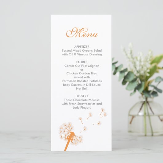 Orange Dandelion Wedding Menu Menükarte (Stehend Vorderseite)