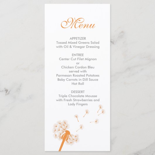 Orange Dandelion Wedding Menu Menükarte (Vorderseite)