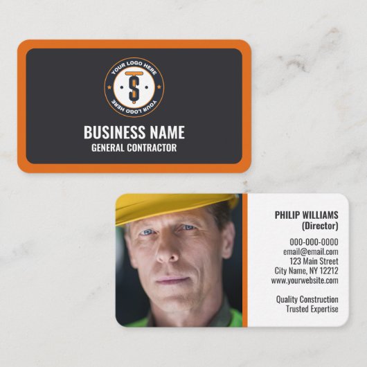 Orange Dark Gray Business Logo Generalunternehmer Visitenkarte (Vorne/Hinten)