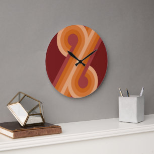Orange Dark Maroon Red Retro Circles Art Pattern Große Wanduhr