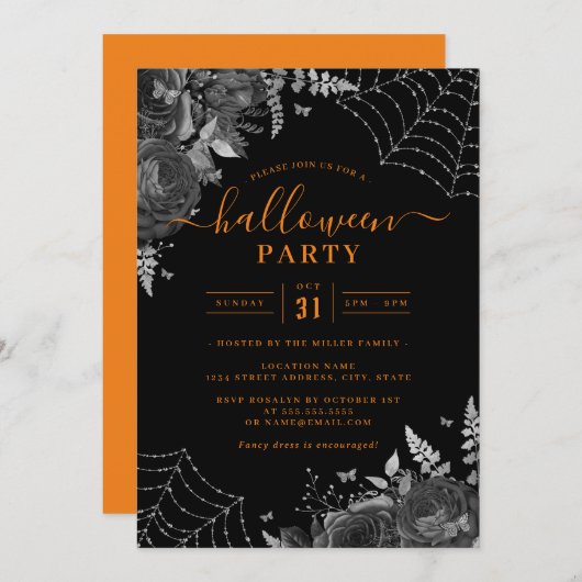 Orange Dark Spooky Floral Cobwebs Halloween-Party Einladung (Vorne/Hinten)