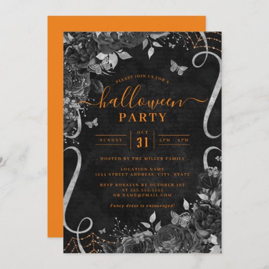 Orange Dark Spooky Floral Scroll Halloween-Party Einladung (Vorne/Hinten)