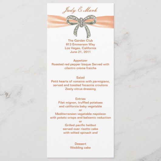 Orange Diamond Bow Wedding Menu Card Menükarte (Vorderseite)