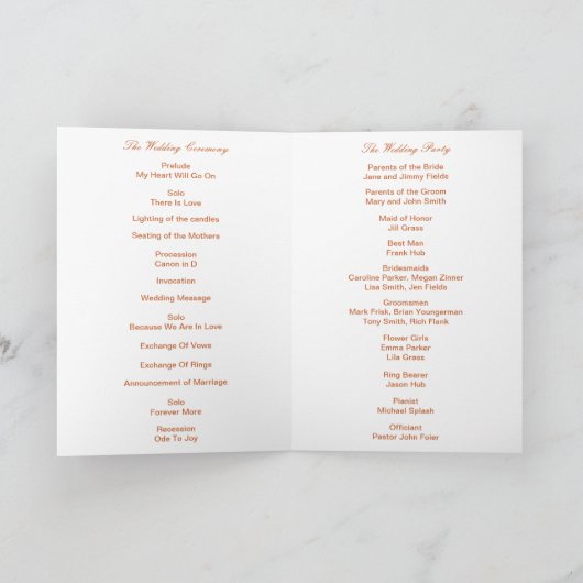 Orange Diamond Bow Wedding Program Card Programm (Innenseite)
