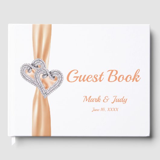 Orange Diamond Hearts Wedding Guestbook Gästebuch (Vorderseite)