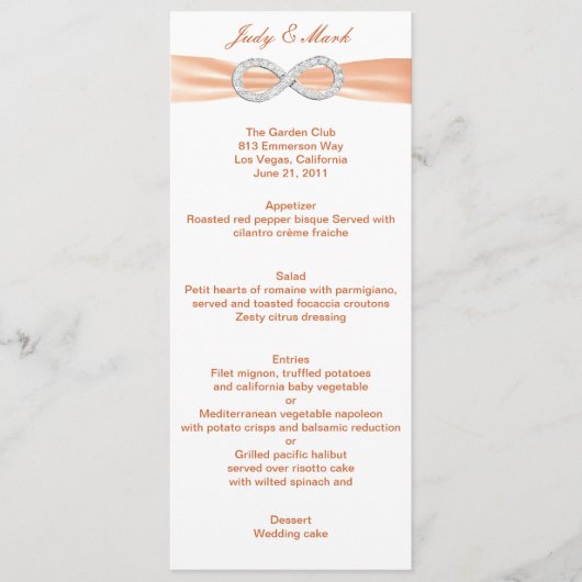 Orange Diamond Infinity Wedding Menu Card Menükarte (Vorderseite)