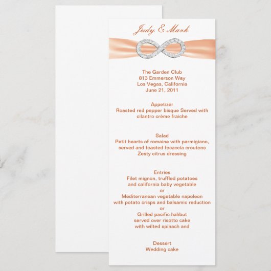 Orange Diamond Infinity Wedding Menu Card Menükarte (Vorne/Hinten)
