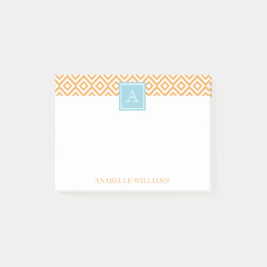 Orange Diamonds Pattern und Aqua Monogram Post-it Klebezettel (Vorderseite)
