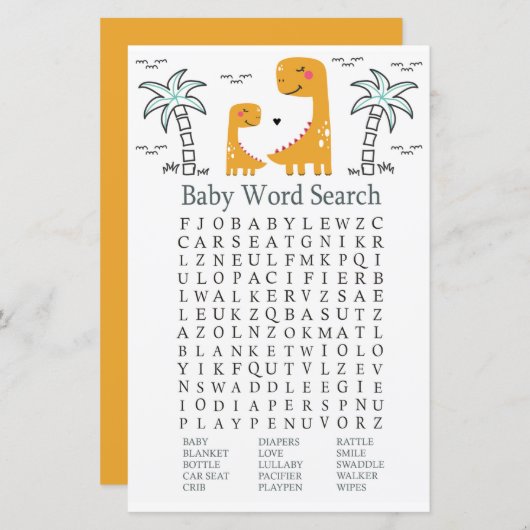 Orange Dinosaur Baby Dusche Word Search Game (Vorne/Hinten)