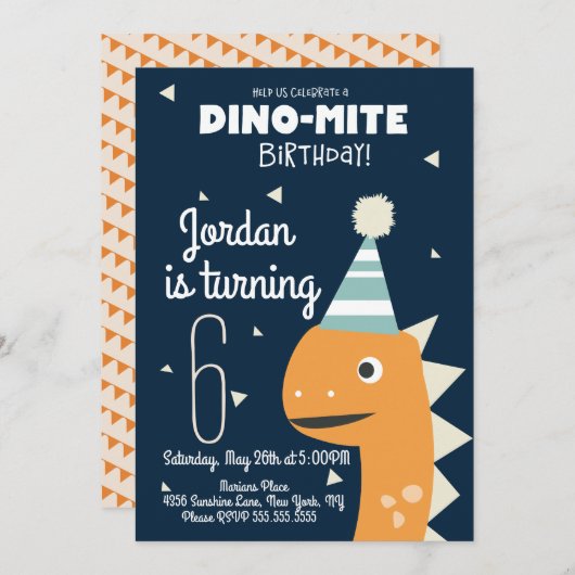 Orange Dinosaur Birthday Confetti Einladung (Vorne/Hinten)
