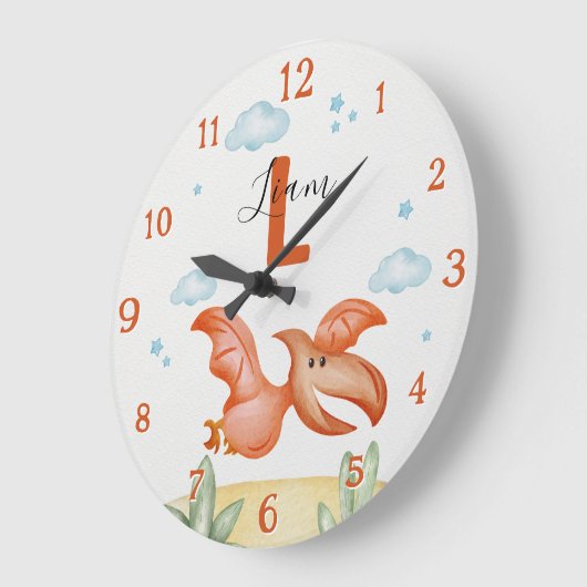Orange Dinosaur Nursery Wall Clock Personalized Große Wanduhr (Winkel)