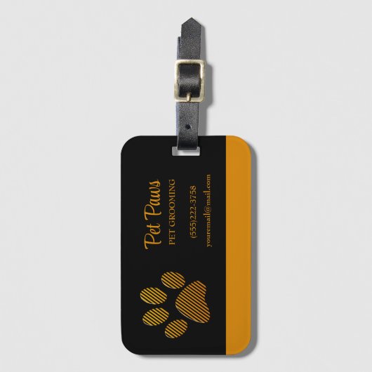 Orange Dog Paw auf schwarzem Pet Grooming Service  Gepäckanhänger (Vorderseite Vertikal)