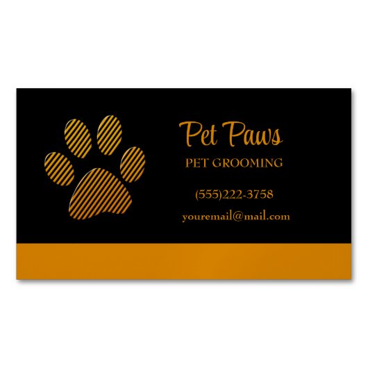 Orange Dog Paw auf schwarzem Pet Grooming Service Magnetische Visitenkarte (Vorderseite)