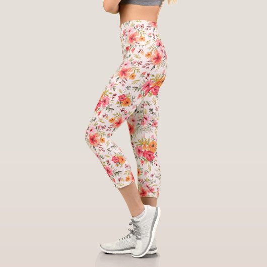 Orange Doodle Garden Blume Pattern Capri Leggings (Links)