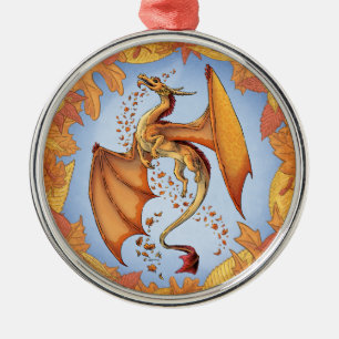 Orange Drache der Herbst-Natur-Fantasie-Kunst Silbernes Ornament