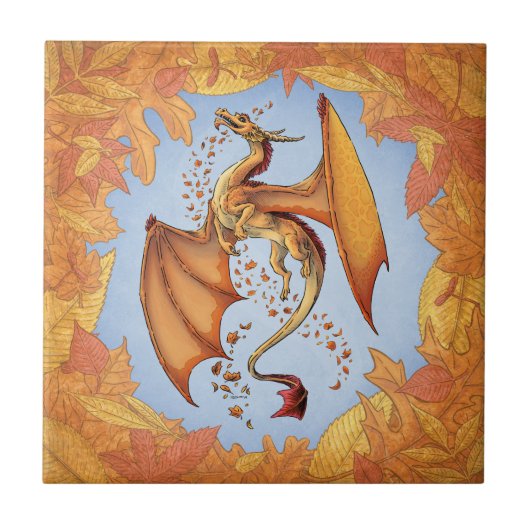Orange Dragon of Autumn Nature Fantasy Art Fliese (Vorderseite)
