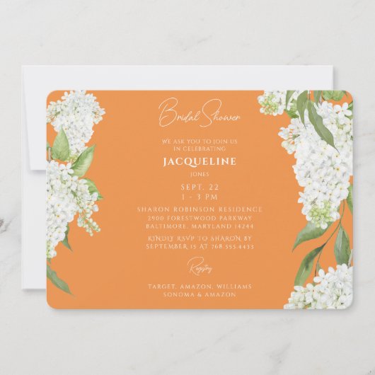 Orange Driving White Hydrangeas Brautparty Einladung (Vorderseite)