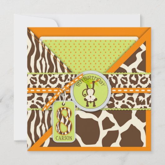 Orange Dschungel-Affe-achter Geburtstag Einladung (Vorderseite)