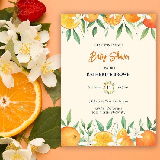 Orange Elegant Citrus Botanical Baby Shower Einladung