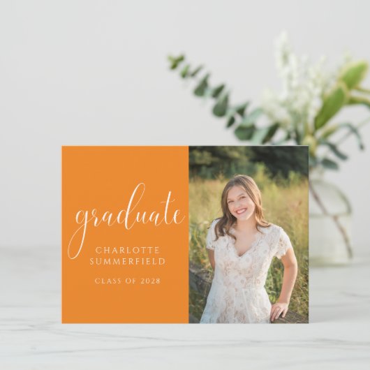 Orange Elegant Script Abschluss Foto Einladung (Stehend Vorderseite)