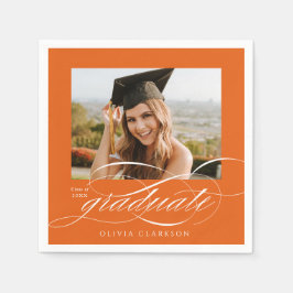 Orange Elegant Script Foto Graduation Party Serviette