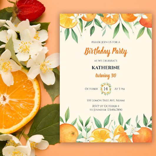 Orange Elegante Citrus Botanical Birthday Party Einladung