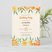 Orange Elegante Citrus Botanical Birthday Party Einladung (Stehend Vorderseite)