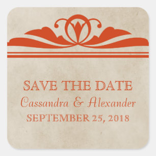 Orange Elegante Deco Save-the-Date-Aufkleber Quadratischer Aufkleber