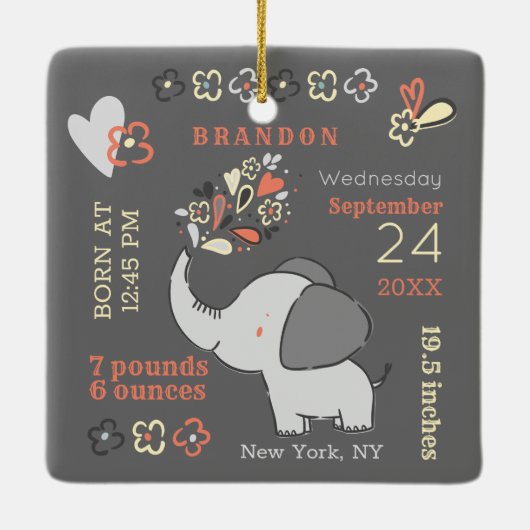 Orange Elephant Birth Stats Baby's First Christmas Keramikornament (Rückseite)