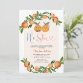 Orange Er oder sie grün Blumengeschlecht Einladung (Stehend Vorderseite)