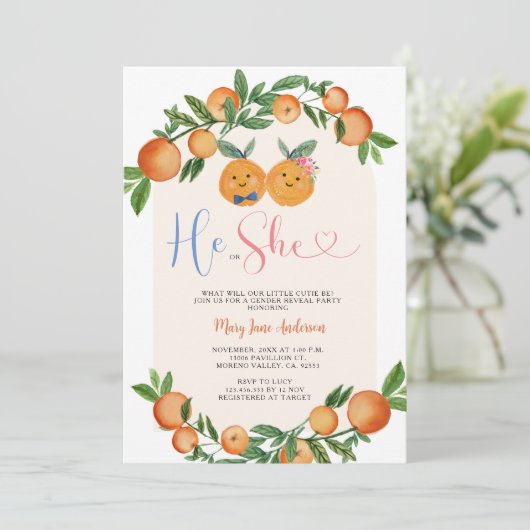 Orange Er oder sie grün Blumengeschlecht Einladung (Stehend Vorderseite)