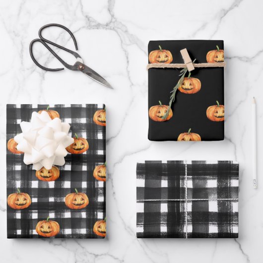ORANGE ERNTEDANK PUMPKINS MIT SCHWARZEM HINTERGRUN GESCHENKPAPIER SET (Vorderseite)