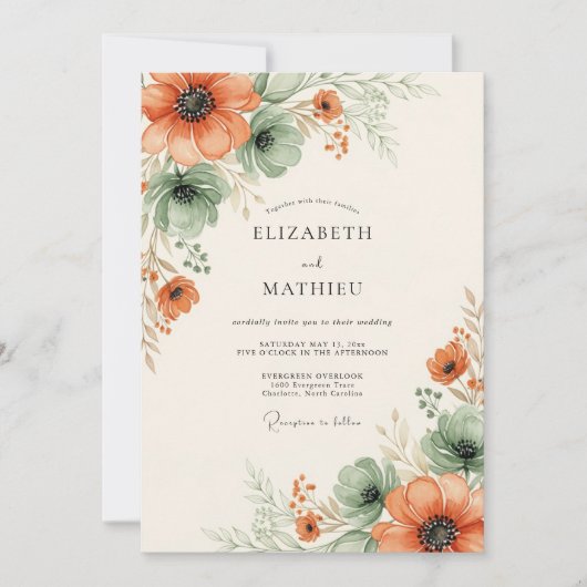 Orange Ethereal Floral Wedding Einladung (Vorderseite)