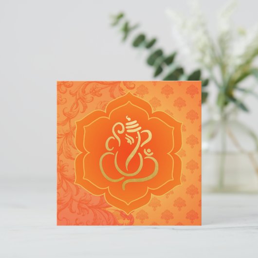 Orange Ethnic Damask Gold Ganesh Indian Wedding Einladung (Stehend Vorderseite)