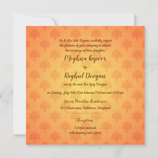 Orange Ethnic Damask Gold Ganesh Indian Wedding Einladung (Rückseite)
