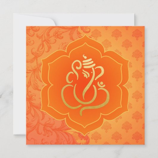 Orange Ethnic Damask Gold Ganesh Indian Wedding Einladung (Vorderseite)