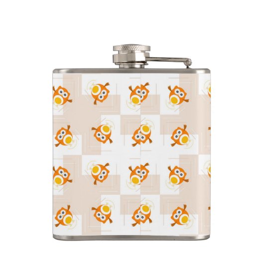 Orange Eulen-Illustrations-Muster Flachmann (Rückseite)