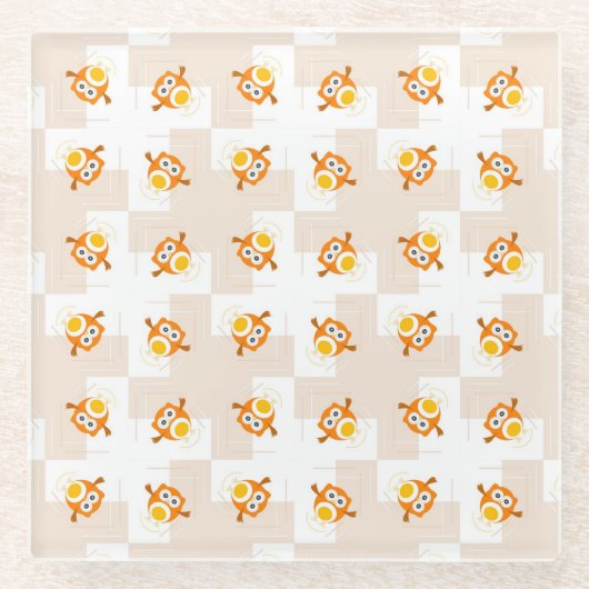 Orange Eulen-Illustrations-Muster Glasuntersetzer (Vorderseite)