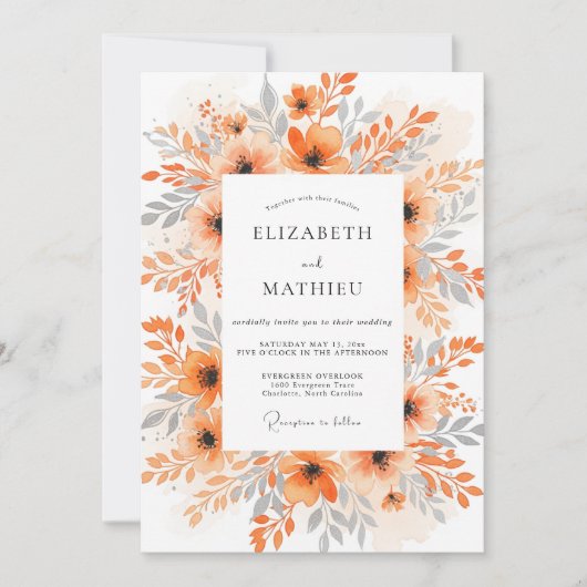 Orange Exquisite Watercolor Wedding Einladung (Vorderseite)
